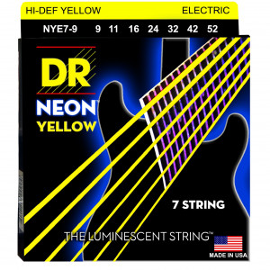 DR NYE7-9 HI-DEF NEON™ струны для 7-струнной электрогитары, с люминесцентным покрытием, жёлтые 9 - 52