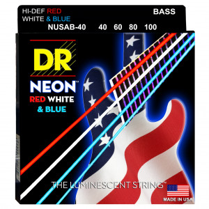 DR NUSAB-40 HI-DEF NEON™ - струны для 4-струнной бас- гитары, с люминесцентным покрытием, в палитре цветов американского флага, 40 - 100