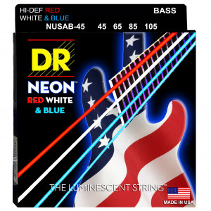 DR NUSAB-45 HI-DEF NEON™ - струны для 4-струнной бас- гитары, с люминесцентным покрытием, в палитре цветов американского флага, 40 - 105