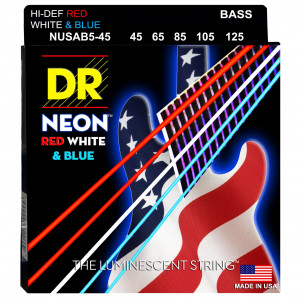 DR NUSAB5-45 HI-DEF NEON™ - струны для 5-струнной бас- гитары, с люминесцентным покрытием, в палитре цветов американского флага, 40 - 125