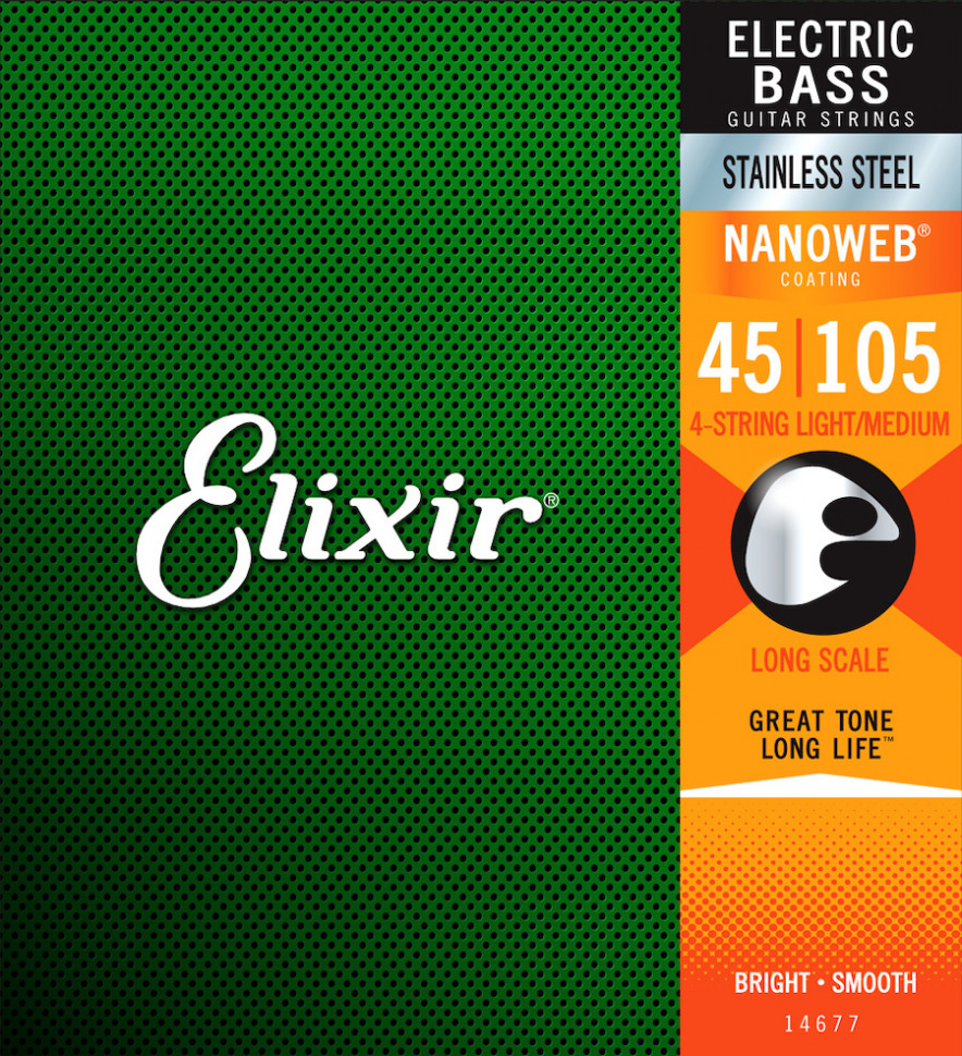Струны для бас-гитары Elixir 14677 Stainless Steel Nanoweb Light Medium 45-105