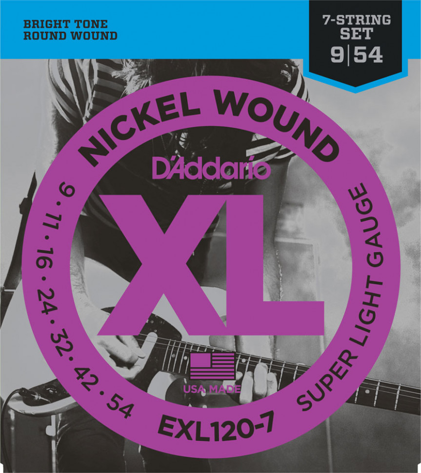 Струны для электрогитары D'Addario EXL120-7 7-String Super Light Nickel Wound 9-54