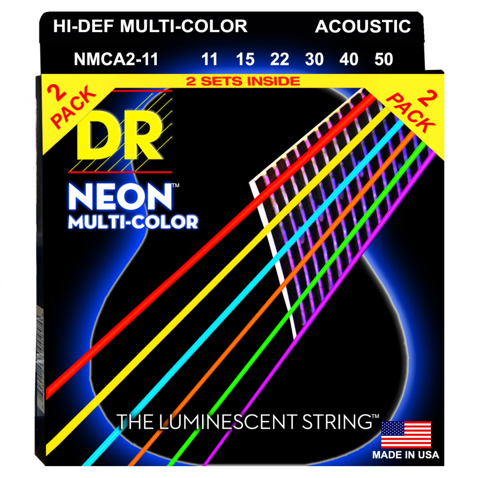 DR NMCA-2/11 HI-DEF NEON™ струны для акустической гитары, с люминесцентным покрытием, разноцветные 11 - 50 упаковка 2 комплекта