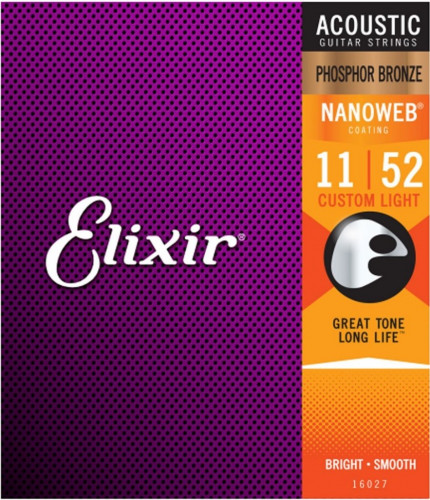 Струны для акустической гитары Elixir 16027 Nanoweb Phosphor Bronze Custom Light 11-52