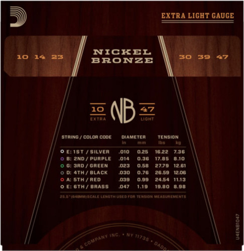 Струны для акустической гитары D'Addario NB1047 Extra Light Nickel Bronze 10-47