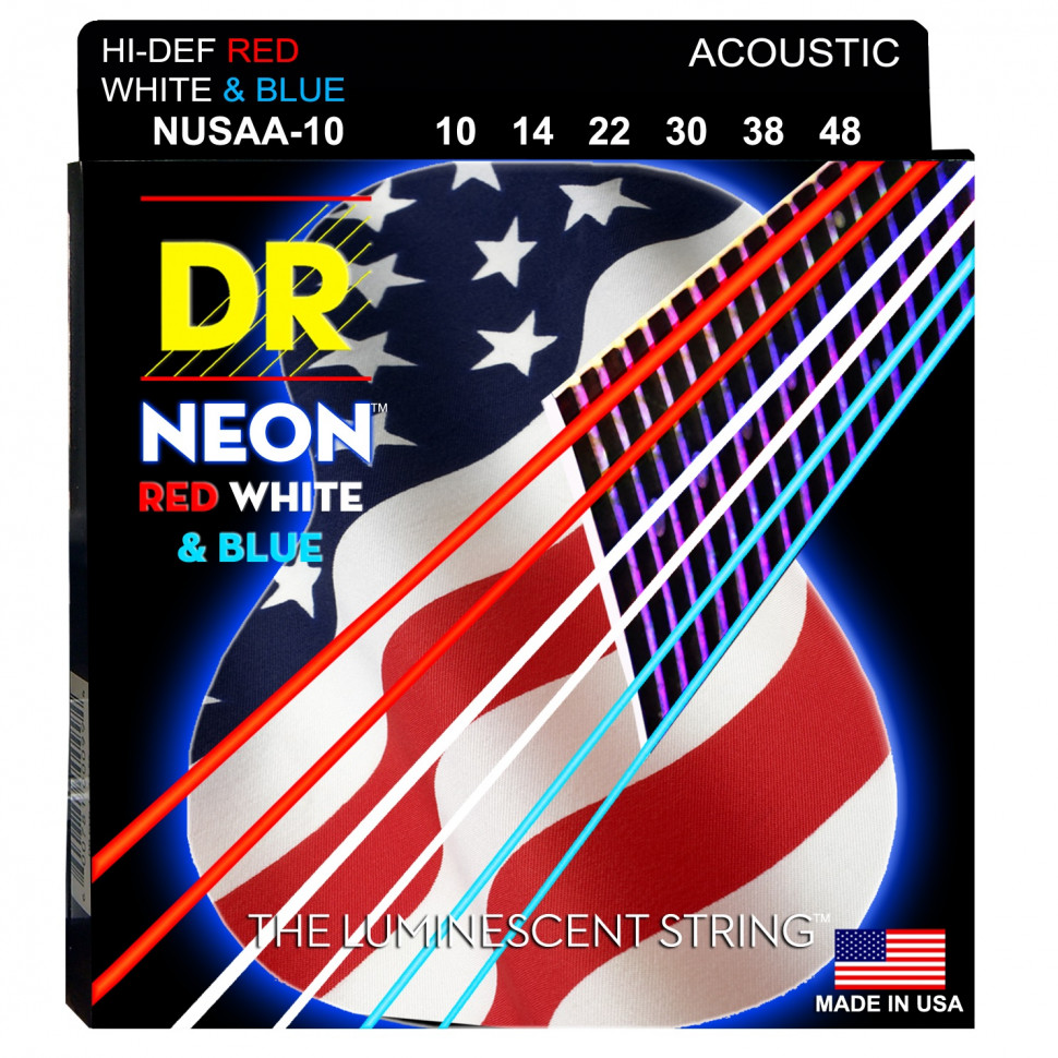 DR NUSAA-10 HI-DEF NEON™ струны для акустической гитары, с люминесцентным покрытием, в палитре цветов американского флага 10 - 48