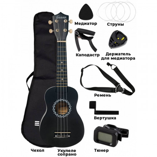 Terris JUS-10 BK Pack укулеле сопрано с комплектом аксессуаров