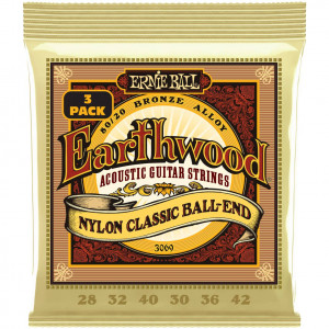 Ernie Ball 3069 Earthwood 80/20 Folk Nylon 3 Pack 28-42 - струны для классической гитары