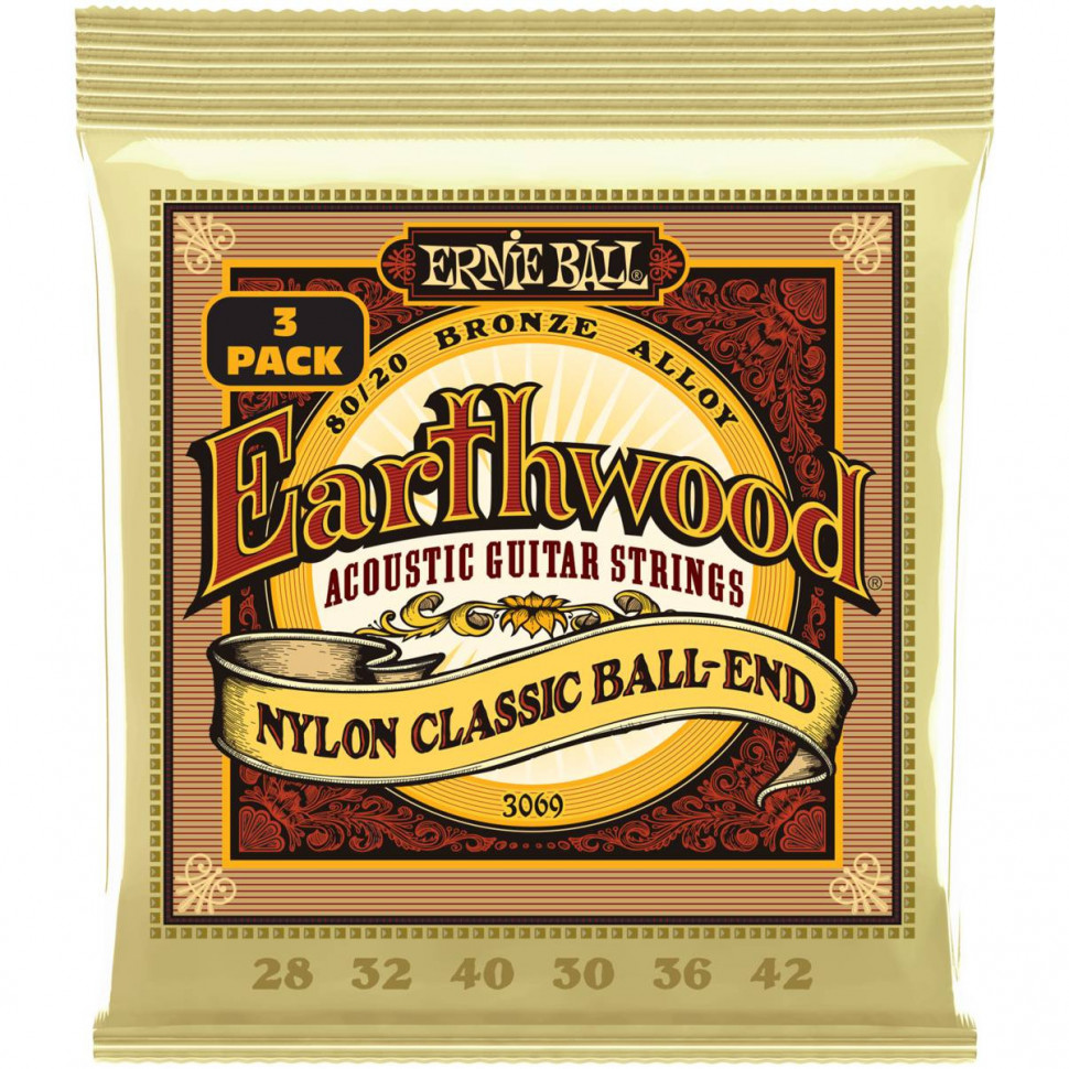 Ernie Ball 3069 Earthwood 80/20 Folk Nylon 3 Pack 28-42 - струны для классической гитары