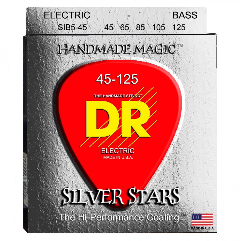 DR SIB5-45 - SILVER STARS™ - струны для 5-струнной бас-гитары, прозрачное покрытие, посеребрёные, 45 - 125