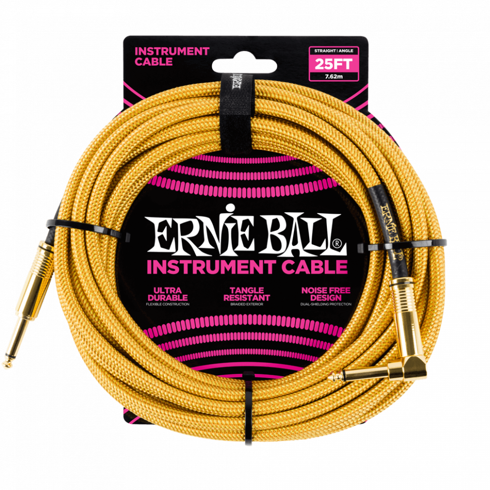 Кабель инструментальный Ernie Ball 6070 прямой-угловой 7,62 м, золотой
