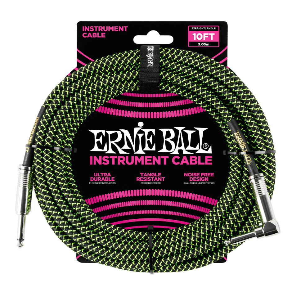 Кабель инструментальный Ernie Ball 6077 прямой-угловой 3,05 м, черно-зеленый