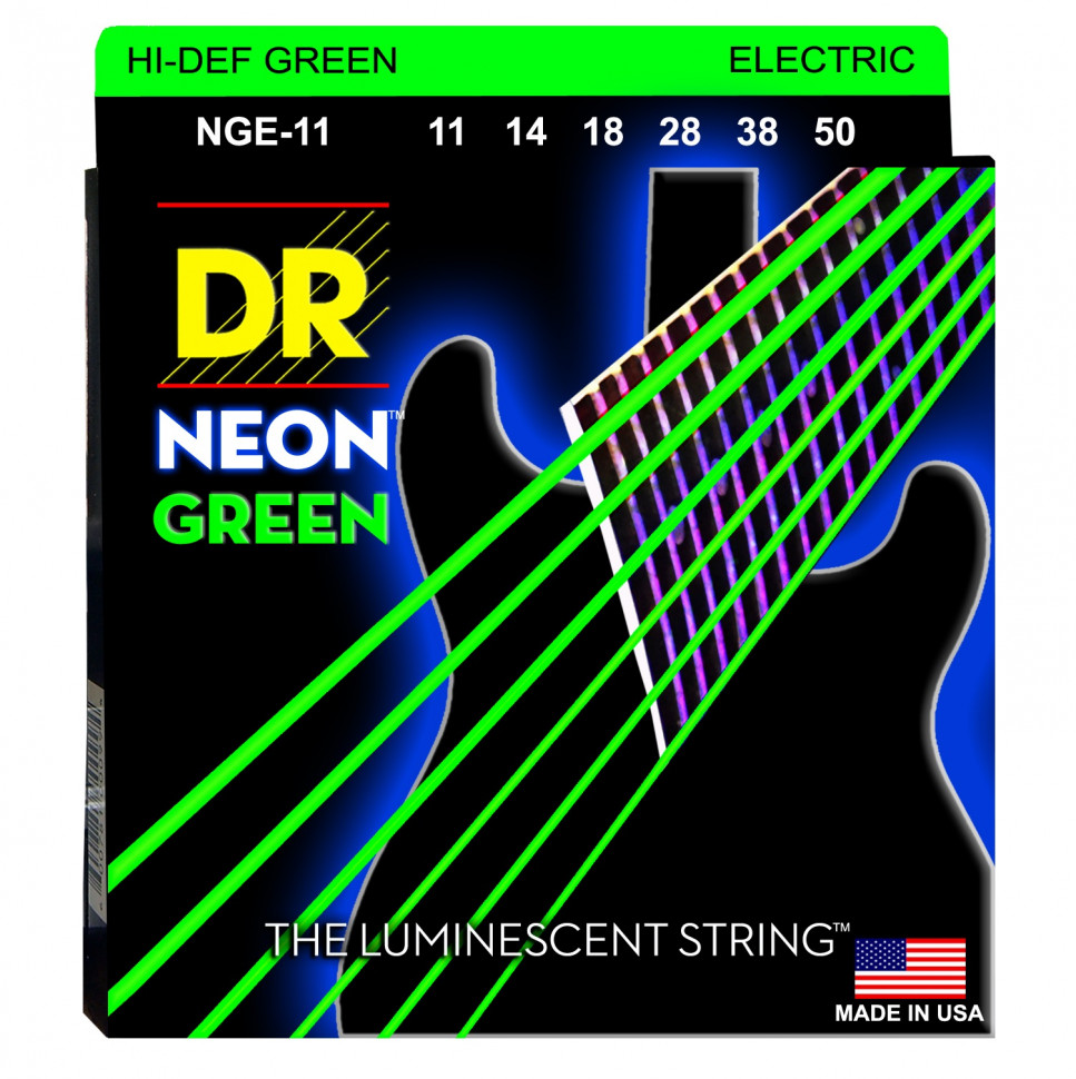 DR NGE-11 HI-DEF NEON™ струны для электрогитары, с люминесцентным покрытием, зелёные 11 - 50