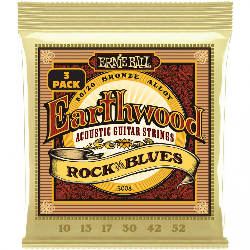 Ernie Ball 3008 Earthwood 80/20 Bronze Rock&Blues 3 Pack 10-52 струны для акустической гитары