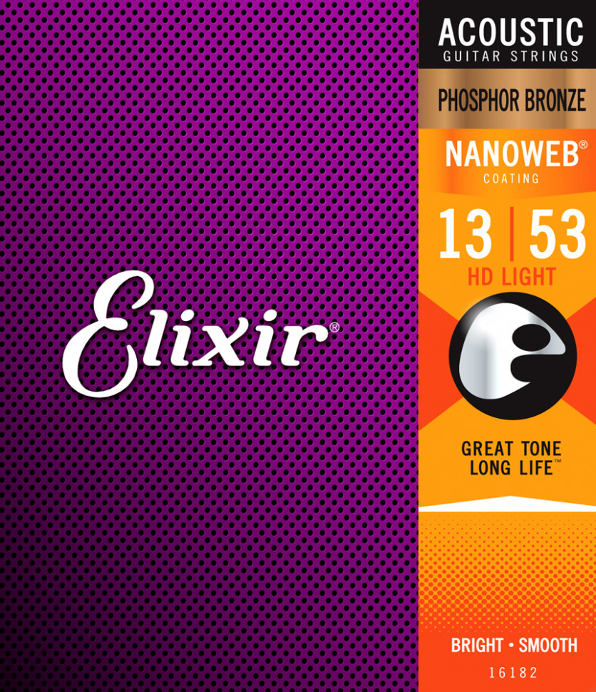 Струны для акустической гитары Elixir 16182 Nanoweb Phosphor Bronze HD Light 13-53