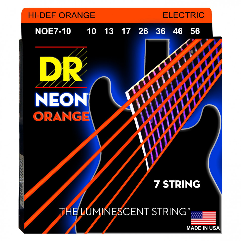 DR NOE7-10 HI-DEF NEON™ струны для 7-струнной электрогитары, с люминесцентным покрытием, оранжевые 10 - 56