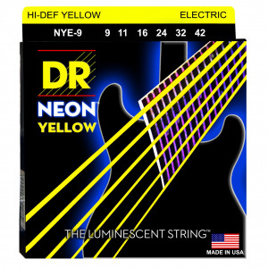 DR NYE-9 HI-DEF NEON™ струны для электрогитары, с люминесцентным покрытием, жёлтые 9 - 42