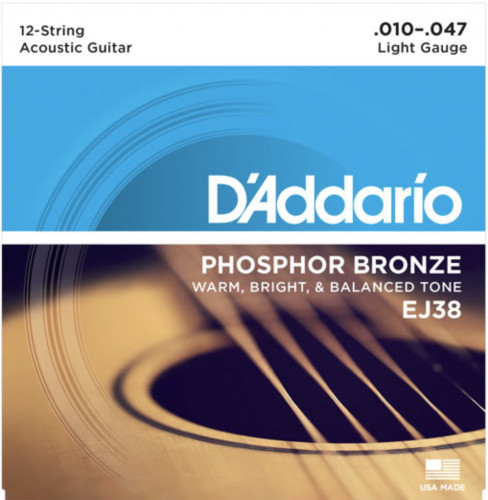 D'Addario EJ38 Phosphor Bronze 12-String Acoustic Guitar Strings, Light, 10-47 струны для акустической гитары