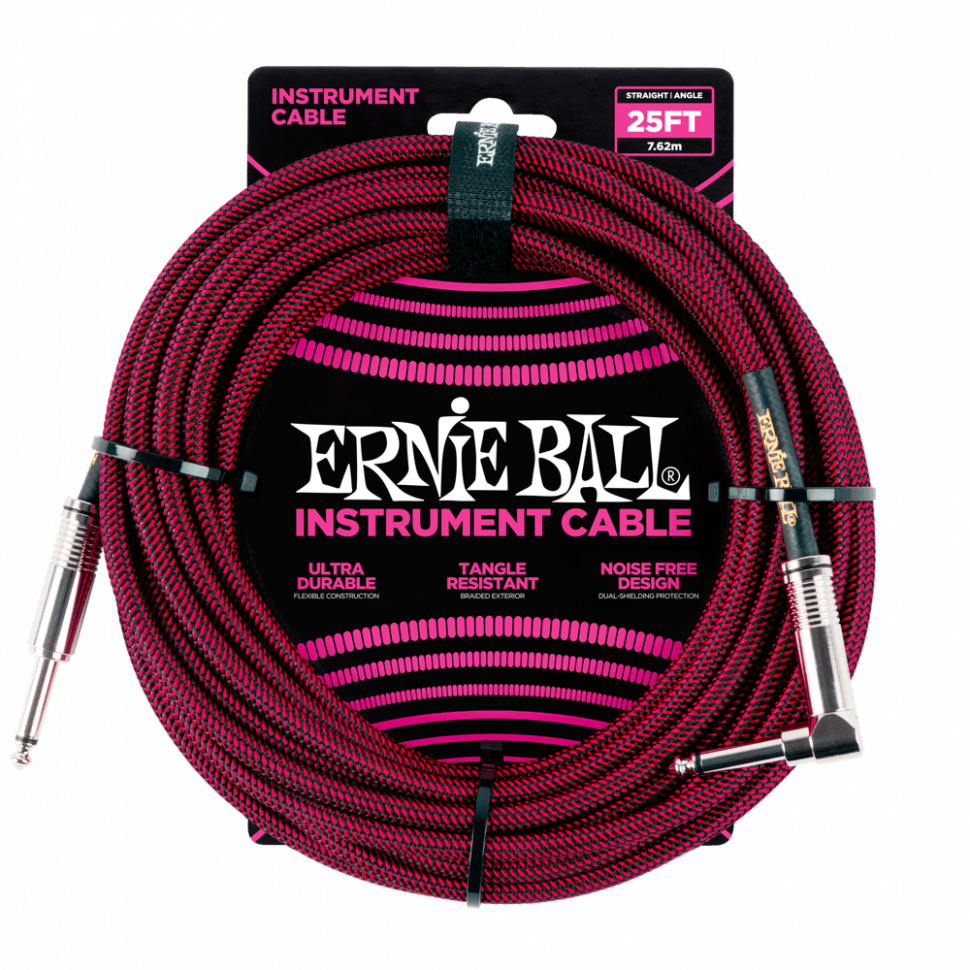 Кабель инструментальный Ernie Ball 6062 прямой-угловой 7,62 м, черно-красный