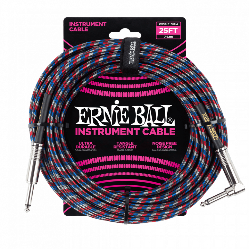 Кабель инструментальный Ernie Ball 6063 прямой-угловой 7,62 м, черно-бело-красный