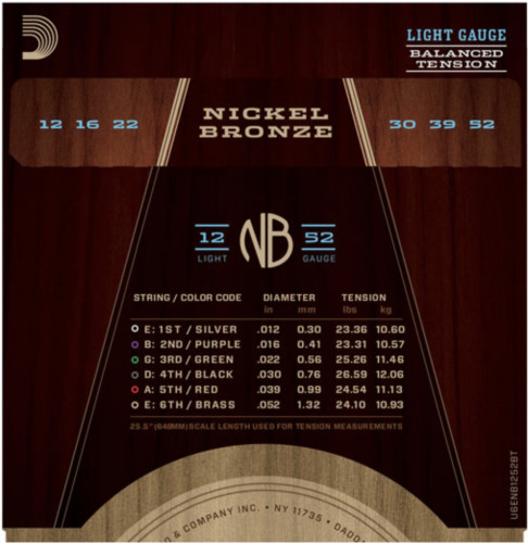 ​Струны для акустической гитары D'Addario NB1252BT Nickel Bronze Balanced Light 12-52