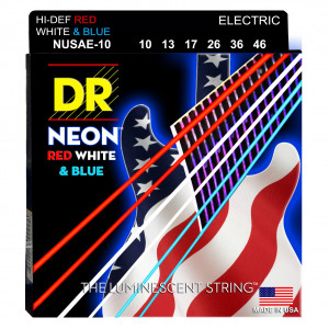 DR NUSAE-10 HI-DEF NEON™ струны для электрогитары, с люминесцентным покрытием, в палитре цветов американского флага 10 - 46